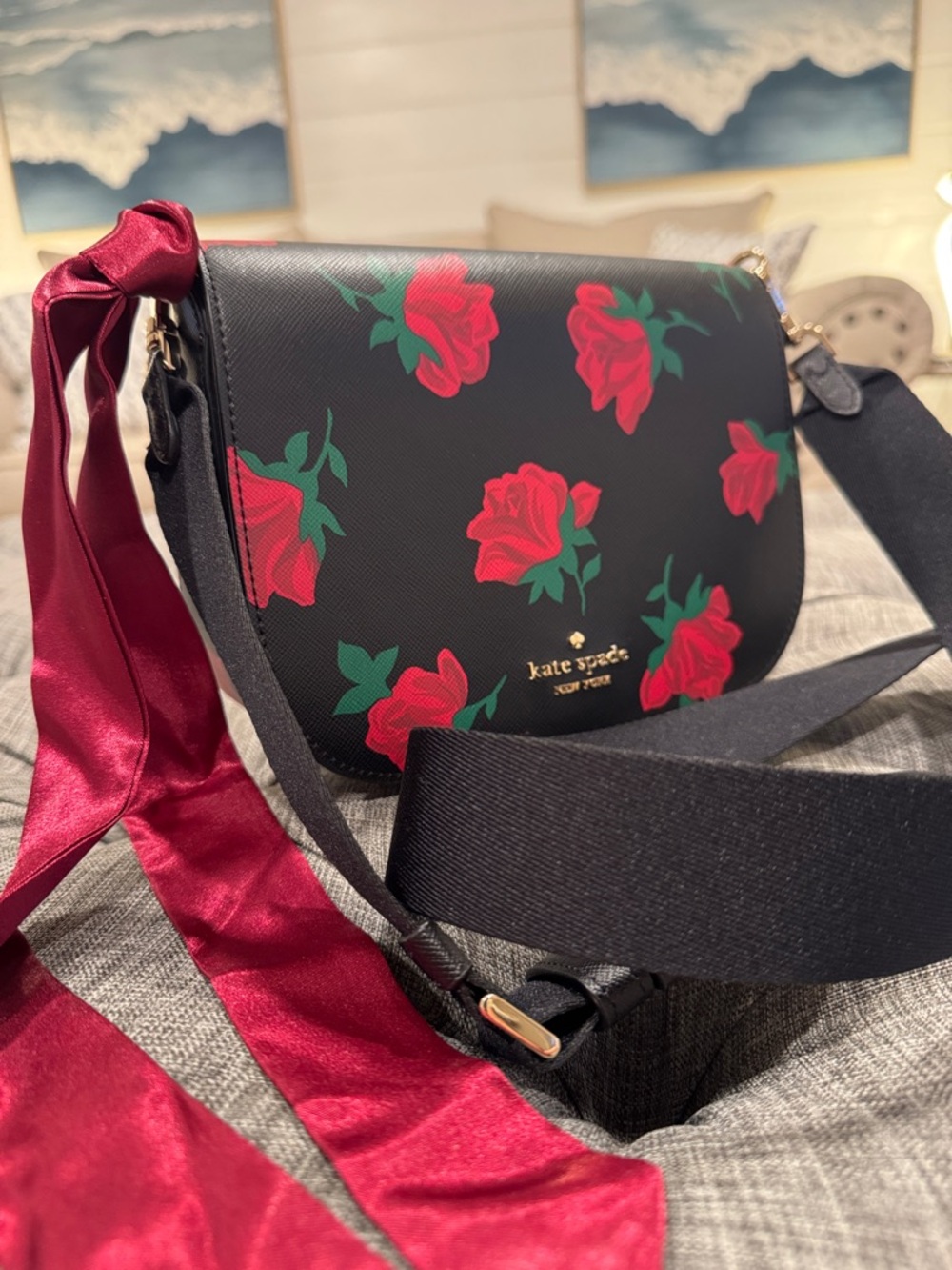 Kate Spade Bag Madison Rose Toss Printed Black Saddle Crossbody - Picture 3 of 17